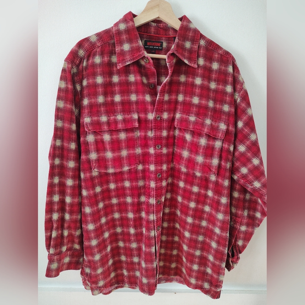 Vintage Red & Tan Corduroy Flannel Button Down- Size L